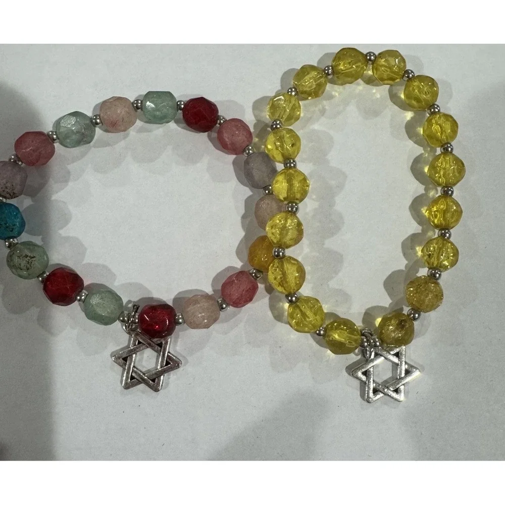 Judaism Lot of 2 Beaded Stretch Bracelets w/ Star of David Charms, Multi/Yellow